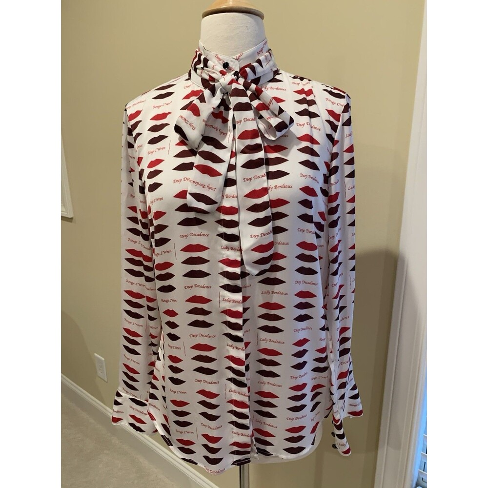 Banana Republic Lwren Scott collection Blouse Lips Red White Brown Sleeves Sz 8